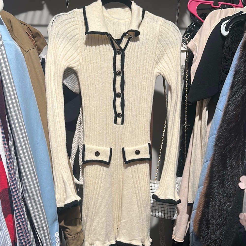 Chic Cream Knit Dress with Black Trim